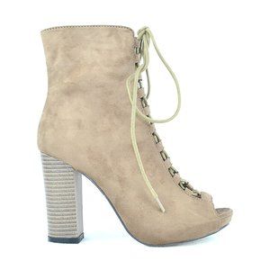 Taupe Suede Women's Peep Toe Chunky Heel Lace Up Bootie